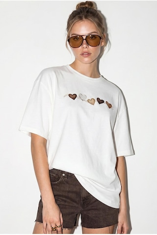 Shade Kadın Bisiklet Yaka Kalp Baskılı Oversize Pamuklu T-shirt Öt100012 60286271 - Beyaz
