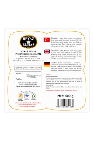 Beyaz Elmas Çifte Kavrulmuş Lokum 400 Gr Antep Fıstıklı Geleneksel Türk Lokumu