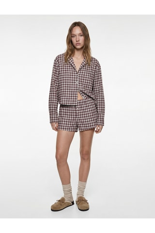 Koton Uzun Kollu Gömlek Yaka Oversize Crop Ekoseli Pijama Üstü Bordo Desenli 6wlk50050mw Bordo Desenli