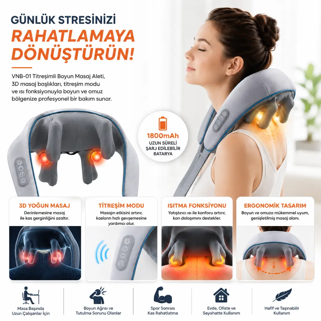 Titreşimli Omuz Ve Boyun Masaj Aleti Isıtıcılı 3d Yoğun Masaj Başlığı