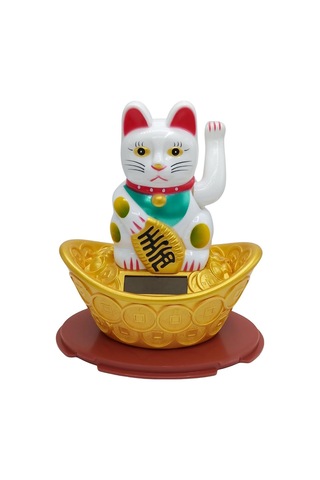 Maneki Neko El Sallayan Şans Kedisi Beyaz Solar Güneş Enerjili 14x12cm No3byz