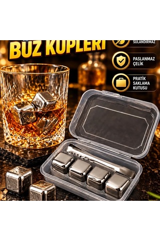 Çelik Buz Küpleri 4'lü Set İçecek Sulandırmayan Soğutucu Taşlar, Maşa Ve Saklama Kutusu Renkli