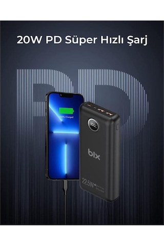 Bix Pb201 Üç Portlu 20000mah 22.5w Hızlı Şarj 4.0 Pd Giriş/çıkışlı Led Göstergeli Powerbank Siyah Siyah