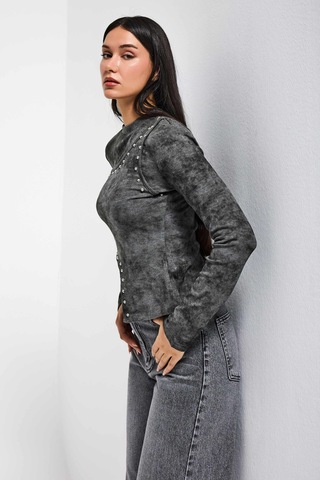 Itsbasic Kadın Antrasit Gri W5 Asimetrik Kesim Drop Detaylı Özel Tasarım Crop Top