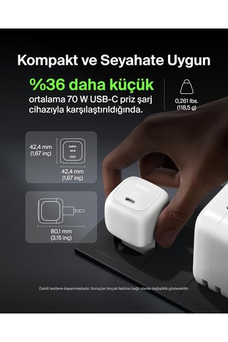 Belkin Usb-c Duvar Şarj Cihazı, 65w, Hızlı Şarj Bloku, Tip C Tele