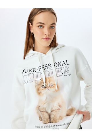 Koton Kapüşonlu Kedi Baskılı Uzun Kollu Rahat Kalıp Sweatshirt Ekru 5sal10480ık Ekru