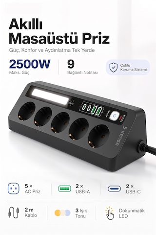 Akım Korumalı Dokunmatik Led Işıklı Priz 5'li + 2x Usb-a + 2x Usb-c 2 Metre Kablo 0 - 2 M