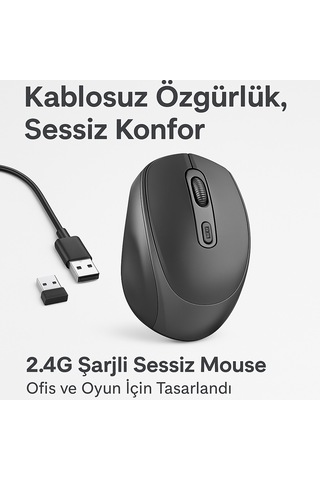 Kablosuz Şarjlı Sessiz Mouse 2.4g Wireless, 1200 Dpı, Şarj Edilebilir, Siyah B-200