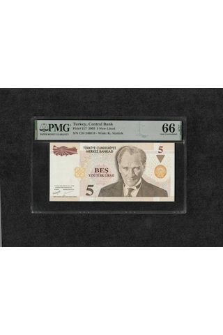 Yeni Türk Lirası Pmg 66 Epq Gem Unc Çil 5 Lira P 217 2005 S/n C34 8. Emisyon 1. Tertip