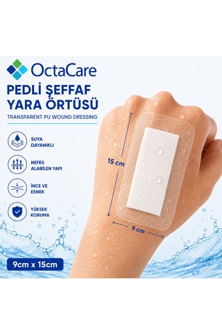 Octacare Su Geçirmez Pedli Şeffaf Pu Film Steril Yara Örtüsü 9cm 15cm 50 Adet