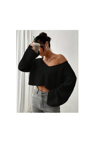 Samin Kadın Oversize V Yaka Triko Crop Kazak Siyah - 660238741 Siyah
