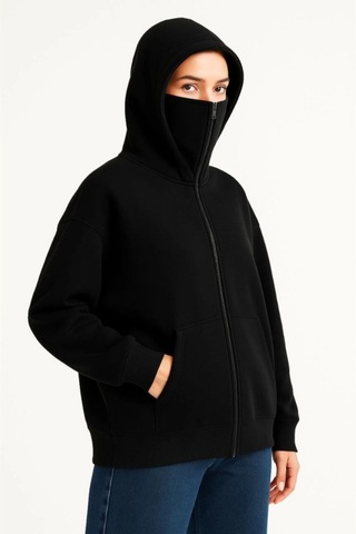 Butik İstanbul Samuray Ninja Çift Kapşonlu Zıp Fermuarlı Kanguru Çepli Hoodie Maske Detaylı Swetshirt - Siyah