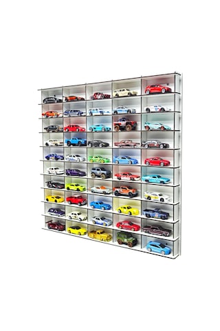 Ahşap Hobi Araba Rafı Beyaz 50'li Hot Wheels Uyumlu, Matchbox Uyumlu Genel