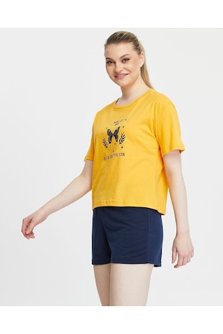 Bella Dossi Pamuklu Kısa Kollu Baskılı Kadın Şortlu Yazlık Pijama Takımı Sarı-lacivert Lacivert - Sarı