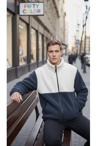 Premium Kalite Renk Bloklu, Fermuarlı, Dik Yaka, Sherpa, Polar, Peluş Ceket Lacivert - Beyaz