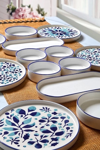 Kitchen Life 14 Parça 6 Kişilik Stackable Blue Etnik Kahvaltı Takımı - Lüx Kahvaltılık Sunum Seti Tabağı Mavi Lacivert Turkuaz
