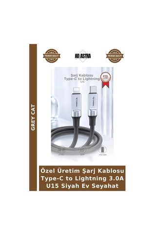 Özel Üretim Şarj Kablosu Type-c To Lightning 3.0a U15 Siyah Ev Seyahat