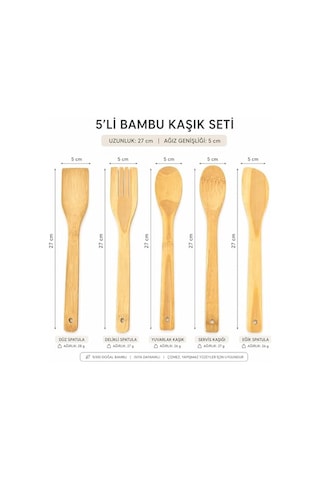5 Parça Bambu Mutfak Kaşık Seti %100 Doğal, Çizilmeye Karşı Korumalı, Isıya Dayanıklı, Hafif, Ergonomik, T