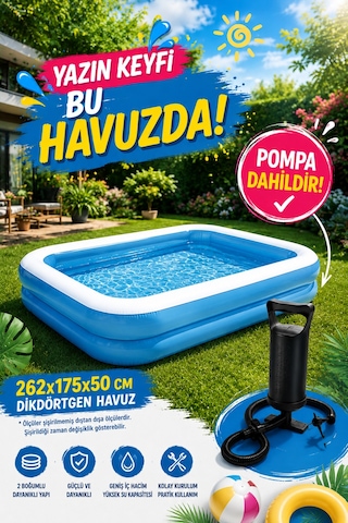 Hak-iş Oyuncak 262x175x50 CM Dikdörtgen Şişme Aile Havuzu + 30 CM Çift Fonksiyon El Pompası Dahil