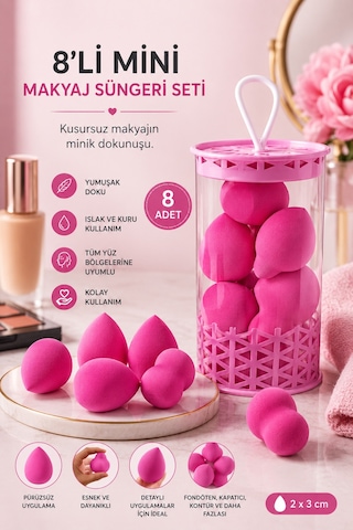 Mini Boy 8'li Koyu Pembe Makyaj Süngeri Seti- 2 Cm X 3 Cm Makyaj Uygulama Süngeri