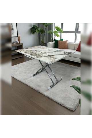 Ortadan Açılır Akıllı Masa Üst Mdf Beyaz Mermer Alt Ayak Krom