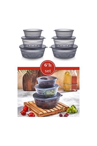 Flosoft Kapaklı Füme Saklama Kabı, Kase Çerezlik Kahvaltılık 3 Boy 6 Lı Set 2x 400ml,700ml,1100ml 6 Adet Füme