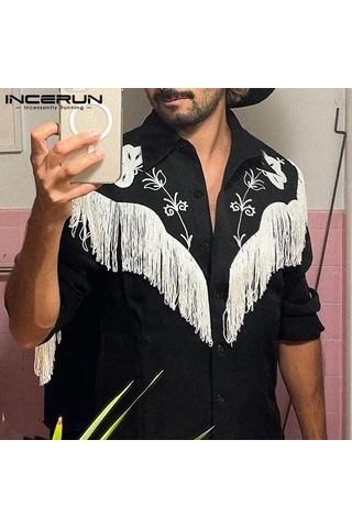 İncerun Bahar Erkek Püskül Baskılı Uzun Kol Bol Üstler Siyah