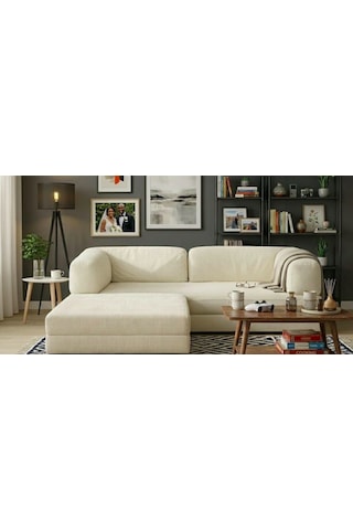 Herev 200x200 Cm 50 Dns Modüler Köşe Koltuk Fitilli Kadife Kumaş, Yatak Olabilen, Modern Tasarım Şark Köşe Krem