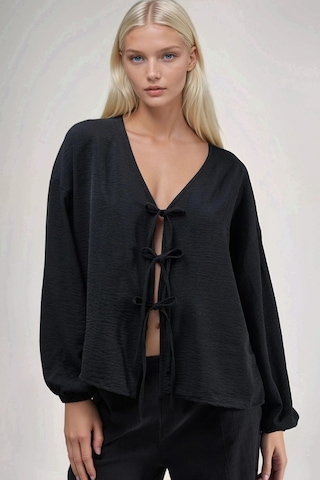 Hiccup Oversize V Yaka Bağlamalı Bluz Siyah