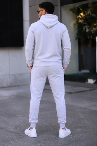 Moda Erkek İki İplik Kapüşonlu Kanguru Cepli Sweatshirt Jogger Pantolon Alt Üst Eşofman Takımı -beyaz Çok Renkli