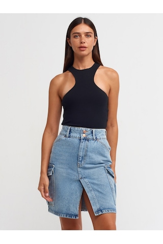 Dilvin 80548 Yanları Cepli Midi Denim Etek-Mavi