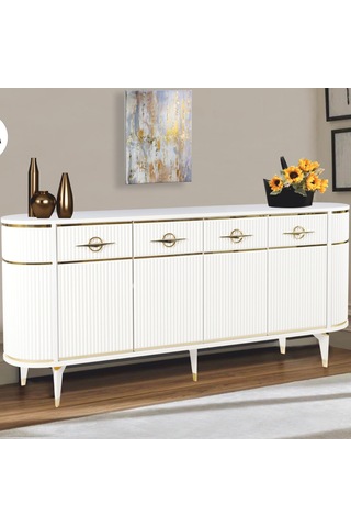 Maya Beyaz Gold Lüks Konsol 4 Kapaklı Şerit Detaylı Metal Ayaklı Tasarım 180x45x84 Cm Beyaz - Gold