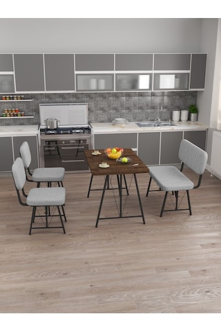 Hayat 70x110cm Sabit Amalfi Mutfak Masası, Mutfak Masası Takımı, Yemek Masası, 2 Sandalye 1 Bench - Açık Gri Açık Gri