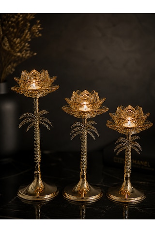 3 Lü Palmiye Tasarımlı Dekoratif Şamdan Mumluk Seti Gold Metal & Cam Detaylı 33 Cm 27 Cm 23 Cm Modern Lüks Ev Dekoru