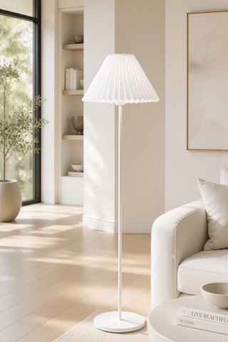 Beyaz Metal Lambader Tek Ayaklı Kırma Beyaz Kumaş Pileli Başlık İthal Modern Retro 150 Cm Lam03