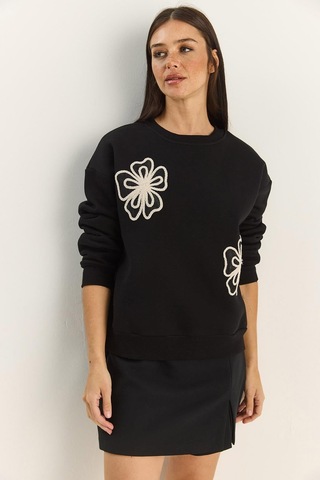 Shade Kadın Bisiklet Yaka Çiçek Nakışlı Üç İplik Şardonlu Sweatshirt 60601045 - Siyah