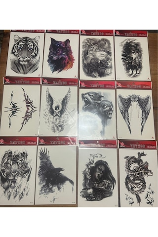 Airbrush Tattoo Büyük Boy Yapıştırma Geçici Dövme Seti 12'li Seri7