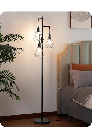Edishine 3 Başlıklı Dimlenebilir Retro Ayaklı Lamba E27 Led, Kafes Şapkalı, 166 Cm Lambader Siyah Diğer