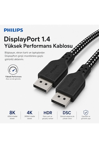 Philips Swr3139b 3 Metre Örgülü Displayport 1.4 Kablo, Dsc, 8k 60hz, 4k 240hz, 2k 360hz, 1080p 480hz, Hdr, 32.4 Gbps Dp Kablo 59400937