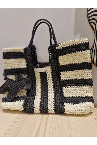 Buva Zebra Rafya Omuz Çantası Siyah - Beyaz