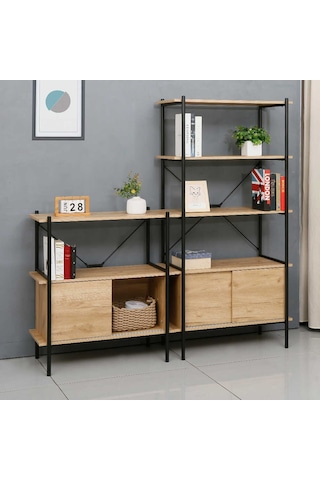 Retro 4 Raflı Sürgü Kapaklı Metal Kitaplık - Ceviz/siyah 80x163x40 Cm Ceviz - Siyah