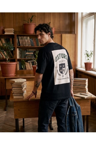 Black Nova Oversize Baskılı Unisex Tişört Oxford Club Black Siyah