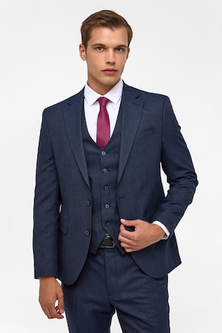 Süvari Lacivert Slim Desenli Mono Yaka 6 Drop Yelekli Takım Elbise