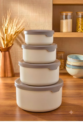 Yuvarlak Saklama Kabı Seti 0,45ml -0,8ml-1.5l-2.5l Bej
