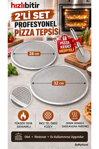 Bymyhand Metal Sanayi Tipi Profesyonel Pizza Tepsisi 2'li Set 28 32 Cm Pizza Kesici Hediyeli Büyük B Çok Renkli
