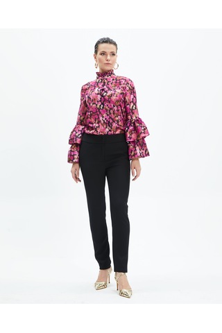 Volan Kollu Metalik Desenli Transparan Gömlek Işıltılı Ve Sofistike Stil Fuşya