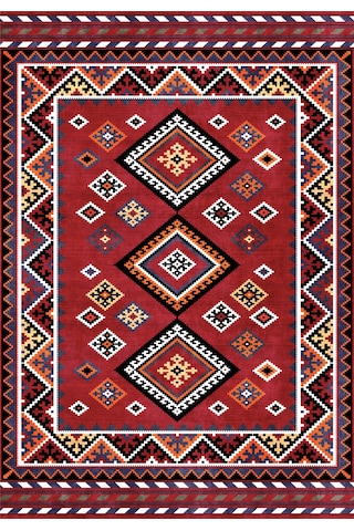 Kırmızı Etnik Kilim Desenli Dijital Baskılı Kaymaz Taban Yıkanabilir Halı