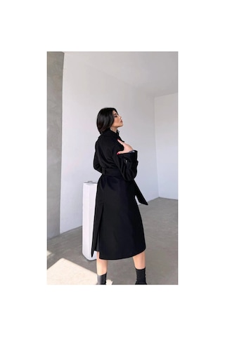 2ozbutik Kadın Siyah Kemerli Içi Astarlı Uzun Kaşe Kaban Siyah Siyah
