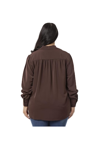 Büyük Beden Yakalı Önü Büzgü Robalı Uzun Kol Kahverengi Gömlek-kahverengi Kahverengi