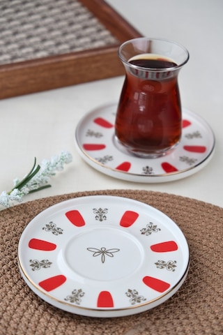 Tabak Evi Porselen Acem Zade Kırmızı Çay Tabağı 12,5cm 2 Li Çok Renkli